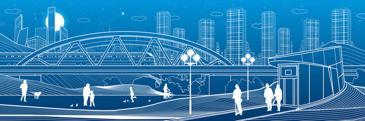 Illustration of urban rest in the park. Train rides on bridge. Relaxation infrastructure. Evening city scene. People walking. White lines on blue background. Vector design art