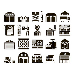 Aufkleber - Warehouse And Storage Glyph Set Vector. Warehouse Building And Construction, Wooden Box And Loader Car, Crane And Truck Glyph Pictograms Black Illustrations