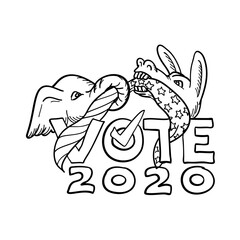 Wall Mural - Republican Elephant and Democratic Donkey in Tug-O-War USA Flag Vote 2020 Cartoon Black and White