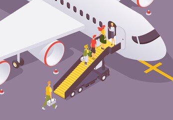 Wall Mural - people getting to aircraft isometric scene. vector characters with luggage and bags walking on passe