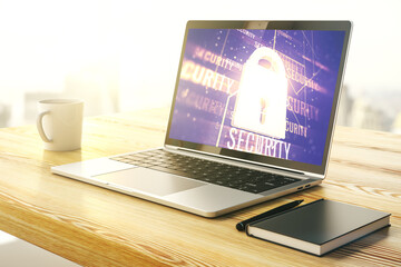 Poster - Modern computer monitor with creative lock hologram and chip. Information security concept. 3D Rendering