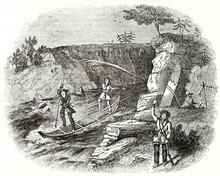 Chippewa Native Americans Canoe Fishing In A Rapid Mountain River. Ancient Engraving Style Art By Unidentified Author, The Penny Magazine, London 1837