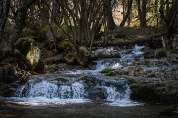 Wall Mural - River water flows among the rocks and forms small waterfalls, Rascafría, Madrid, Spain