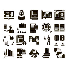 Poster - Reading Library Book Glyph Set Vector. Reading And Learning, Smartphone And Computer Education E-book, Shelf With Literature Glyph Pictograms Black Illustrations