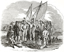Old Fishermen Selling Mackerel On The Beach At Hastings, U.K. Ancient Engraving Style Art By Unidentified Author, The Penny Magazine, London 1837