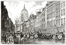 Old Very Busy Fleet Street And Mail Coaches Procession, London. Cathedral Far In Background. Ancient Engraving Style Art By Unidentified Author, The Penny Magazine, London 1837