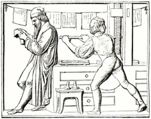 Gutenberg Checking Print While His Reliant Uses Press. Old Engraved Reproduction Of Bas Relief Monument, Mainz. Ancient Engraving Style Art By Unidentified Author, The Penny Magazine, London 1837