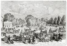 Hide Park, London, And Its Front Street Crossed By Several People And Carriages. Ancient Engraving Style Art By Unidentified Author, The Penny Magazine, London 1837
