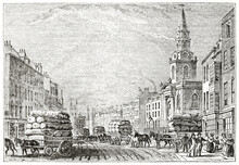 Old Front View Of High Street, London, Walked By Carriages Transporting Goods. Ancient Engraving Style Art By Unidentified Author, The Penny Magazine, London 1837