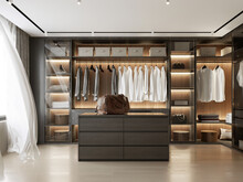 3d Rendering Of A Luxury Modern Dark Wood Dressing Room	
