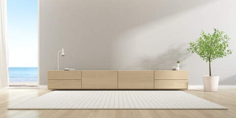 Poster - 3D render of modern living room with TV cabinet and sofa on empty wall.
