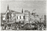 Fototapeta  - Busy square fronting an elegant palace in old London called Old Palace Yard. Ancient engraving grey tone art by unidentified author, The Penny Magazine, London 1837