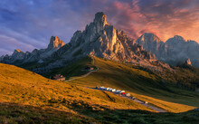 Wonderful nature scenery of Dolomotes. Amazing mountain landscape during stunning colorful sunset. Passo Giau with famous Ra Gusela, Nuvolau peaks in background. popular travel and hiking destination