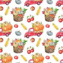 Watercolor Harvest Truck Seamless Pattern. Pumpkin Pickup Car With Orange Pumpkins And Garden Basket With Seasonal Fruits And Veggies On White Background. Fall Print. Thanksgiving Themed Design.