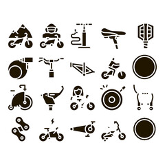 Sticker - Bicycle Bike Details Glyph Set Vector. Mountain Bicycle Wheel And Seat, Brake And Frame, Chain And Pump Equipment Glyph Pictograms Black Illustrations