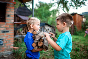 Alternative fuel for heating and fireplace. Two boys holding wooden log and talking