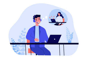 Poster - support operator talking to unhappy client. man in headset, upset woman with laptop in though bubble
