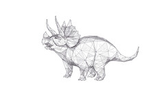Polygonal Huge 3d Triceratops With Horns Isolated In White Background. Abstract Hand Drawing Of Triceratops Dinosaur Consists Of Black Lines, Dots And Triangles. Vector Animal Sketch Concept