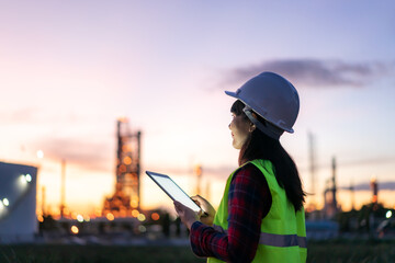 asian woman petrochemical engineer working at night with digital tablet inside oil and gas refinery 
