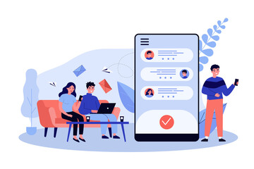Poster - people chatting online. using gadgets, phone screen with messenger interface flat vector illustratio