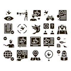 Poster - bird watching tourism glyph set vector. bird watching photo camera and binocular equipment, traveler