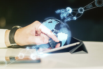 Aufkleber - Double exposure of robotics technology with world map hologram and finger clicks on a digital tablet on background. Research and development software concept