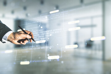 Poster - Multi exposure of developer hand with pen working with abstract programming language hologram on blurred office background, artificial intelligence and machine learning concept