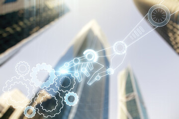 Poster - Double exposure of abstract virtual robotics technology hologram on modern skyscrapers background. Research and development software concept