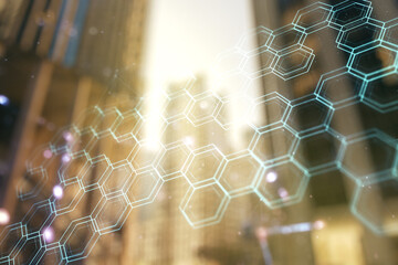 Poster - Abstract virtual wireless technology hologram with hexagon on office buildings background. Big data and database concept. Multiexposure