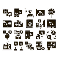 Poster - Interpreter Translator Glyph Set Vector. Interpreter In Smartphone And Web Site, Laptop And Microphone, Language Linguist Glyph Pictograms Black Illustrations