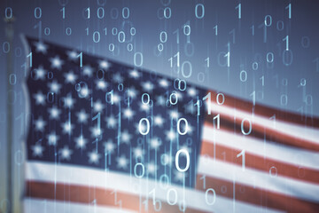 Poster - Abstract virtual binary code illustration on US flag and blue sky background. Big data and coding concept. Multiexposure