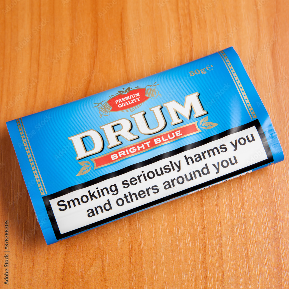 how much is a packet of drum tobacco Pouch of Drum Bright Blue rolling tobacco Stock Photo
