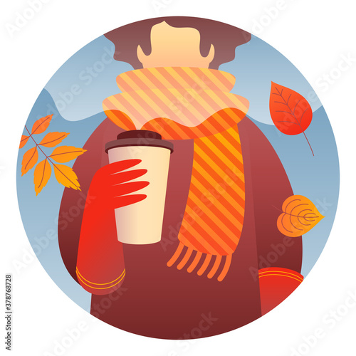 Fotografía A woman character holding hot coffee to go, wearing red gloves, a brown coat, and a striped yellow-orange scarf walks outdoor with autumn leaves around her