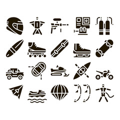 Poster - Extreme Sport Activity Glyph Set Vector Thin Line. Bike And Crash Helmet, Parachute And Hang-glider Equipment For Extreme Active Glyph Pictograms Black Illustrations