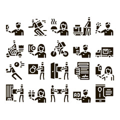 Poster - Courier Delivery Job Glyph Set Vector Thin Line. Courier On Scooter And Bicycle, Truck And Agreement, Weight Box And Flowers Glyph Pictograms Black Illustrations