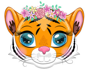 Cute cartoon tiger muzzle with beautiful eyes, bright, orange, design