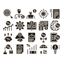 Canvas Print - Investor Financial Glyph Set Vector Thin Line. Investor With Money Dollar And Lightbulb, Brain With Percentage Mark And Document Glyph Pictograms Black Illustrations