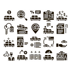 Poster - Car Dealership Shop Glyph Set Vector Thin Line. Car Dealership Agreement And Document, Auto Salon And Building, Key And Gps Mark Glyph Pictograms Black Illustrations
