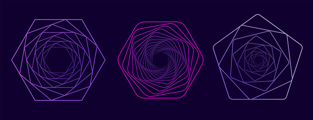 Poster - Set of twisted colored spirals. Wireframe warp shape. Vector technology tunnels.