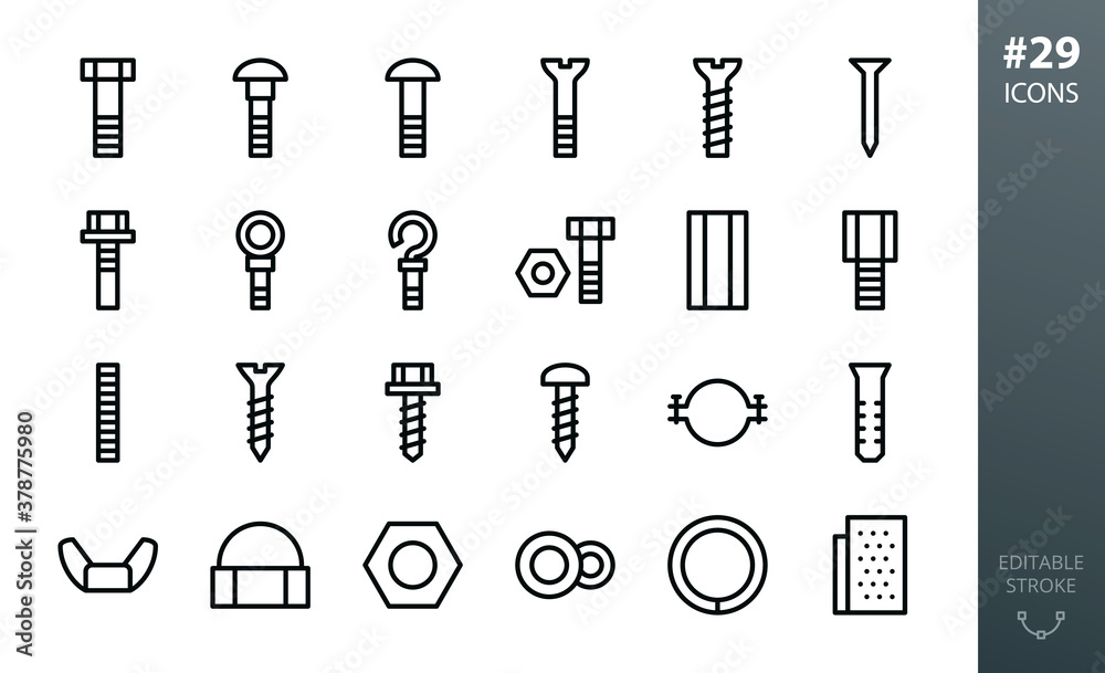 Metal Construction Hardware icon set. Set of bolts, nuts, screws, lock washer, pvc dowel, pipe clamp, roofing screw, steel ring anchor bolt, furniture euro screw, metal nail isolated vector icons - obrazy, fototapety, plakaty 