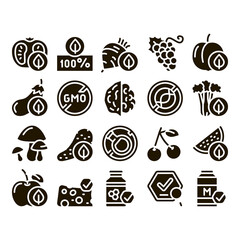 Poster - Organic Eco Foods Glyph Set Vector Thin Line. Organic Tomato And Mushrooms, Peach And Grape, Apple And Cherry Glyph Pictograms Black Illustrations