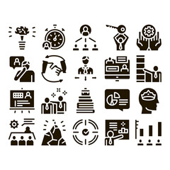 Poster - Mentor Relationship Glyph Set Vector Thin Line. Human Holding Key And Gear, Stopwatch And Mountain With Flag, Mentor Glyph Pictograms Black Illustrations