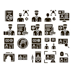 Poster - Passport Control Check Glyph Set Vector Thin Line. Scanning Passport And Stamp, Policeman And Book, Fingerprint And Document Glyph Pictograms Black Illustrations