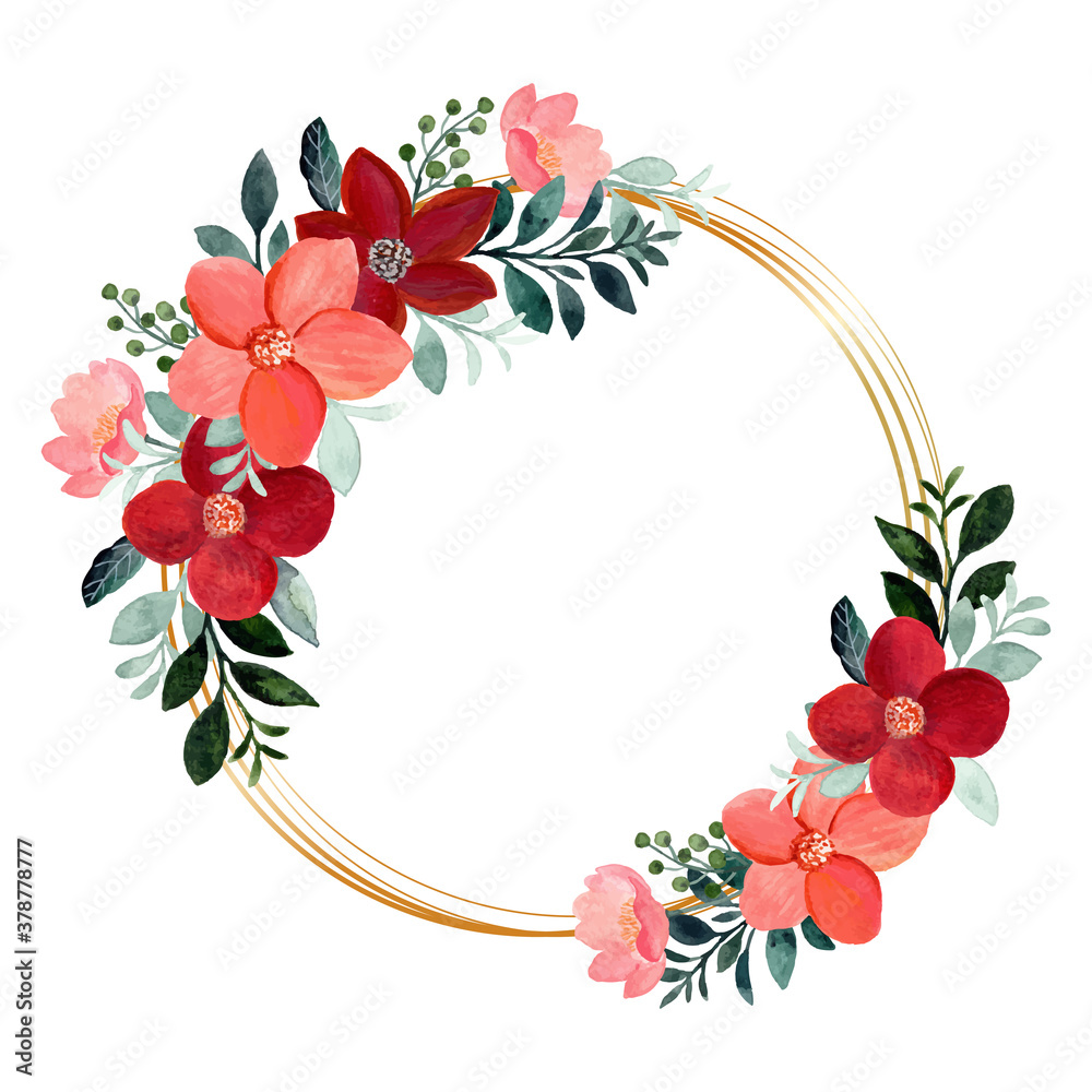 Watercolor floral wreath with golden frame Stock Vector | Adobe Stock