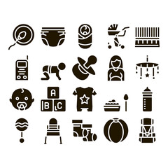 Poster - Baby Clothes And Tools Glyph Set Vector Thin Line. Baby And Pregnancy Woman, Stroller And Diaper, Toys And Nipple Glyph Pictograms Black Illustrations