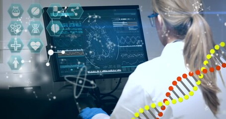 Poster - DNA and chemical structures moving against female scientist using computer 