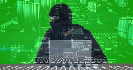Poster - Hacker using laptop over binary coding against circuit of connections