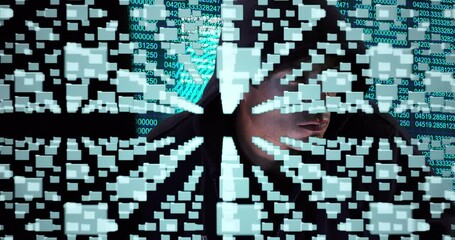 Poster - Cyber security data processing against male hacker using laptop