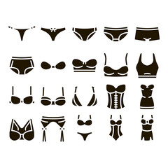 Poster - Lingerie Bras Panties Glyph Set Vector Thin Line. Fashion Bra And Pants, Bikini And Swimsuit, Lingerie Underwear Glyph Pictograms Black Illustrations
