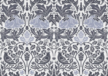 Hand Drawn Seamless Pattern Ornament With Hare And Bird In Foliage. Vector Illustration.